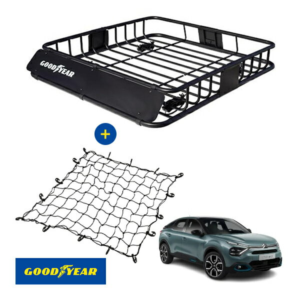 【GOOD YEAR正規品】 スチール ルーフラック ROAD PRO ＋ ルーフネット セット 1111mm×158mm×993mm 耐荷重100kg ブラック 組み立て式 GOOD YEARロゴ入り ルーフキャリア バスケット ベースキャリア装着車両 シトロエン E-C4 C41