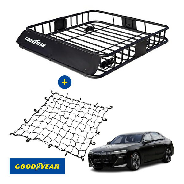 【GOOD YEAR正規品】 スチール ルーフラック ROAD PRO ＋ ルーフネット セット 1111mm×158mm×993mm 耐荷重100kg ブラック 組み立て式 GOOD YEARロゴ入り ルーフキャリア バスケット ベースキャリア装着車両 BMW 7シリーズ G70