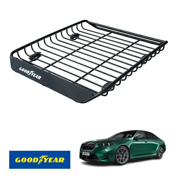 【GOODYEAR正規品】 スチール ルーフラック MEGA PRO 1341mm×124mm×1105mm 耐荷重100kg ブラック 組み立て式 GOODYEARロゴ入り ルーフキャリア バスケット ベースキャリア装着車両 カーゴネット BMW M5 G99 G90