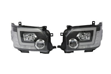 送料無料 ハイエース 200系 4型 ファイバー LED付 プロジェクターヘッドライト ブラック ハロゲン車用 流れるウィンカー シーケンシャル トヨタ