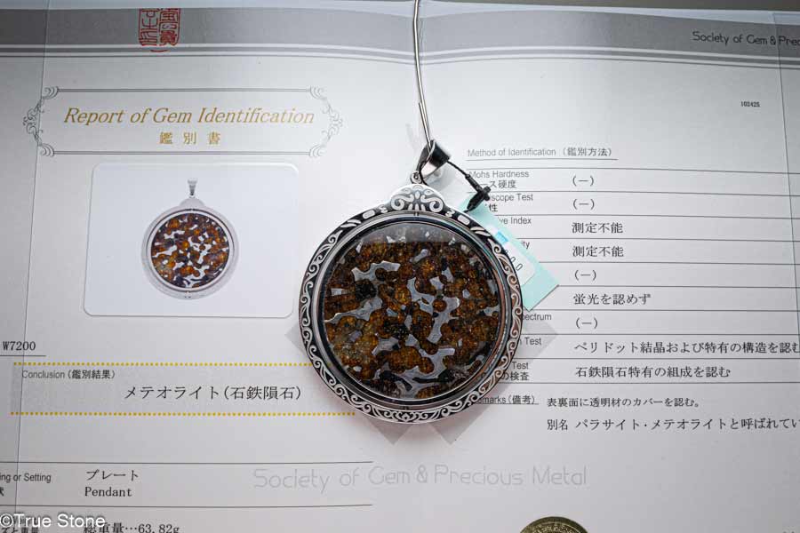 鑑別書付き AAA パラサイト隕石 回転 大型 ペンダントトップ 63.82g 石鉄隕石 メテオライト 隕石 ペリ..