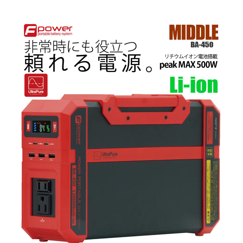 【P10倍 5/2～5/6】【在庫限りセール最安値】訳あり 未使用展示品 富士倉 BA-450ポータブルバッテリー購入者に20万本売れた 富士倉 LEDペン型ライト青色1本プレゼント 防災対策120Ah パワーポータブル電源 家庭用 発電機 車中泊 キャンプ アウトドア 停電 台風 節電 防災