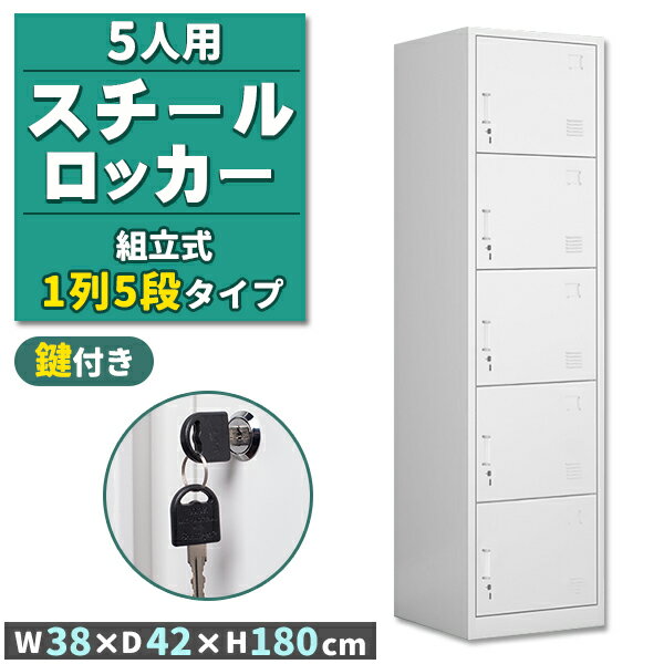 ロッカー スチールロッカー 5人用 ホワイト 白 鍵付き スペアキー付き 1列5段 スチール製 収納 オフィス 事務所 会社 店舗 病院 学校 業務用 スリム かぎ付き キーロック 鍵