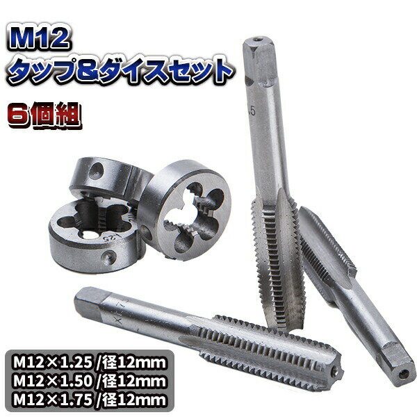 M12 タップダイス 6 個 組 M12 1.25 1.50 1.75 タップアンドダイス 3種 セット 外径 12 mm ハイス鋼 目立て直し DIY 工具 目立て直し