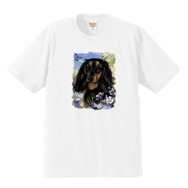 ダックスフンド ダックスフント ブラタン ロングヘアー (お花) tシャツ 半袖 カットソー 丸首型 クルーネック 綿100% トップス レディース メンズ シ...