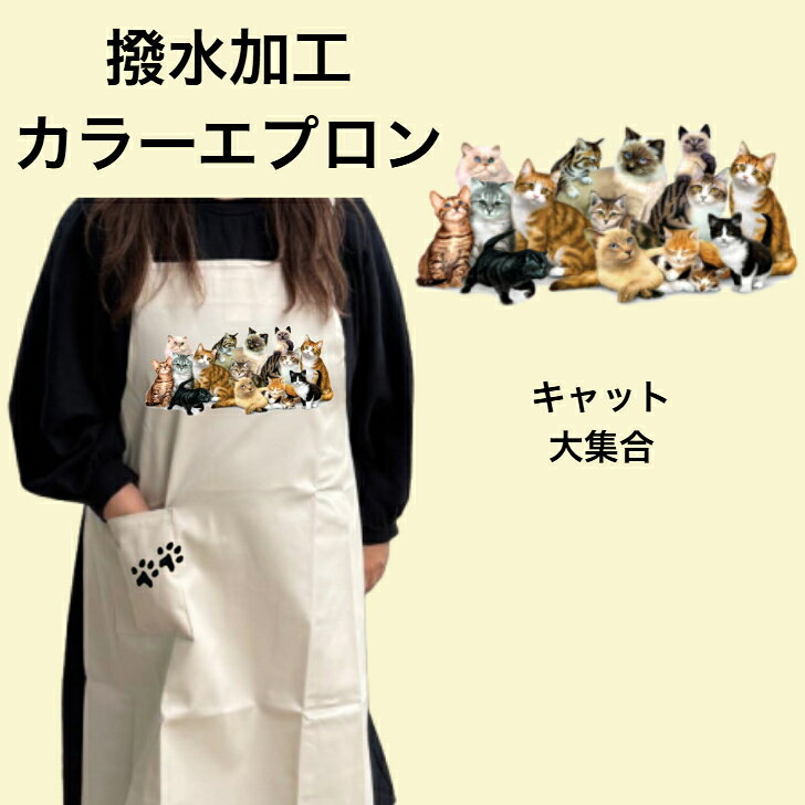 乐天商城 - 【撥水加工 カラーエプロン】キャット柄　集合 バッククロス X型 たすき掛け 大きめ おしゃれ かわいい トリミング お散歩 保育士 ワークエプロン 料理教室 猫柄 キャット cat 猫 ネコ 動物 オーナーグッズ プリント ギフト 記念品 猫雑貨 オフ会