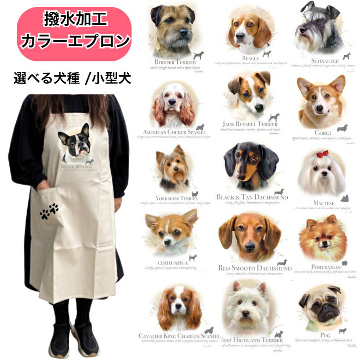 【撥水加工 カラーエプロン】小型犬 選べる犬種 バッククロス X型 たすき掛け 大きめ おしゃれ かわいい トリミング お散歩 フラワーショップ ワークエプロン カフェ 犬柄 ポケット足跡 種別 dog オーナーグッズ プリント ギフト 記念品 犬雑貨 オフ会 母の日