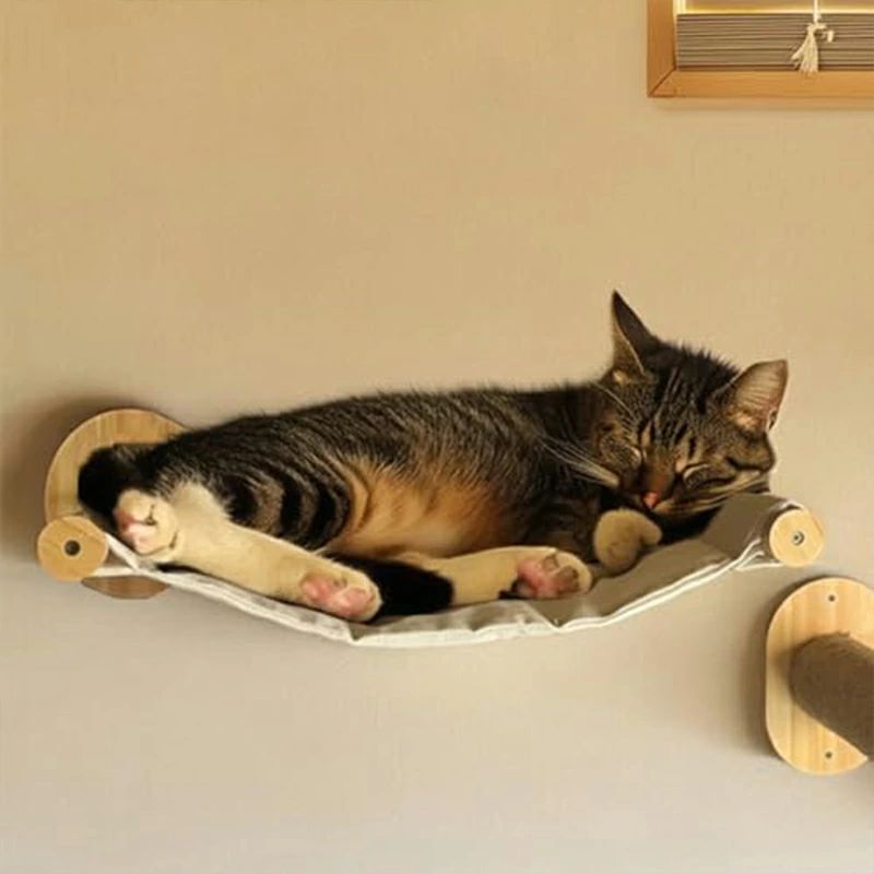 TryMe楽天市場店のキャットステップ ハンモック 猫 階段 壁取付 キャットウォーク 木製 麻 安全 壁付け 棚板 送料無料 人気 DIY インテリア (ステップ2個｜アングル2