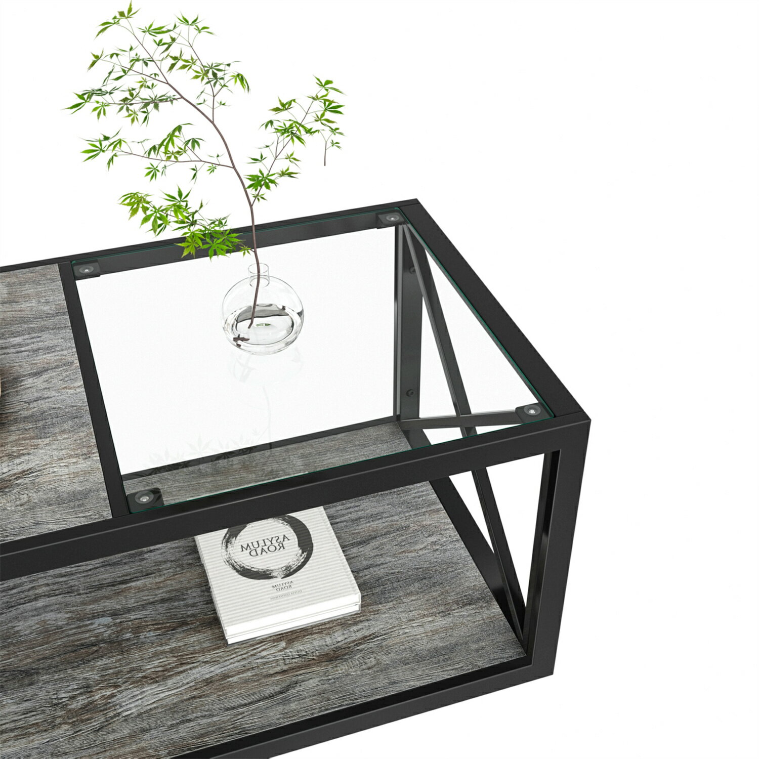 長方形コーヒーテーブル リビング用 強化ガラス天板×ウッド調MDF インダストリアルスタイル ローテーブル【2025新品登場】