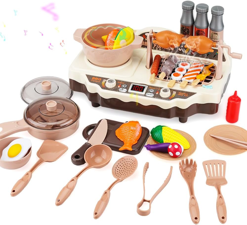 おままごとセット キッチン BBQ 知育玩具 - キッチンセット おままごとキッチン おもちゃ ごっこ遊び 調理器具セット BBQ 焼き肉 リアルな食材 リアル噴霧 切る遊び 誕生日プレゼント