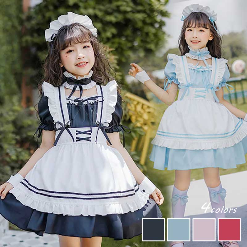 子供 メイド服 3点セット キッズ ハロウィン コスプレ 仮装 メイド服 ゴスロリ ワンピース メイド セット 子供 本格 ワンピース 子供