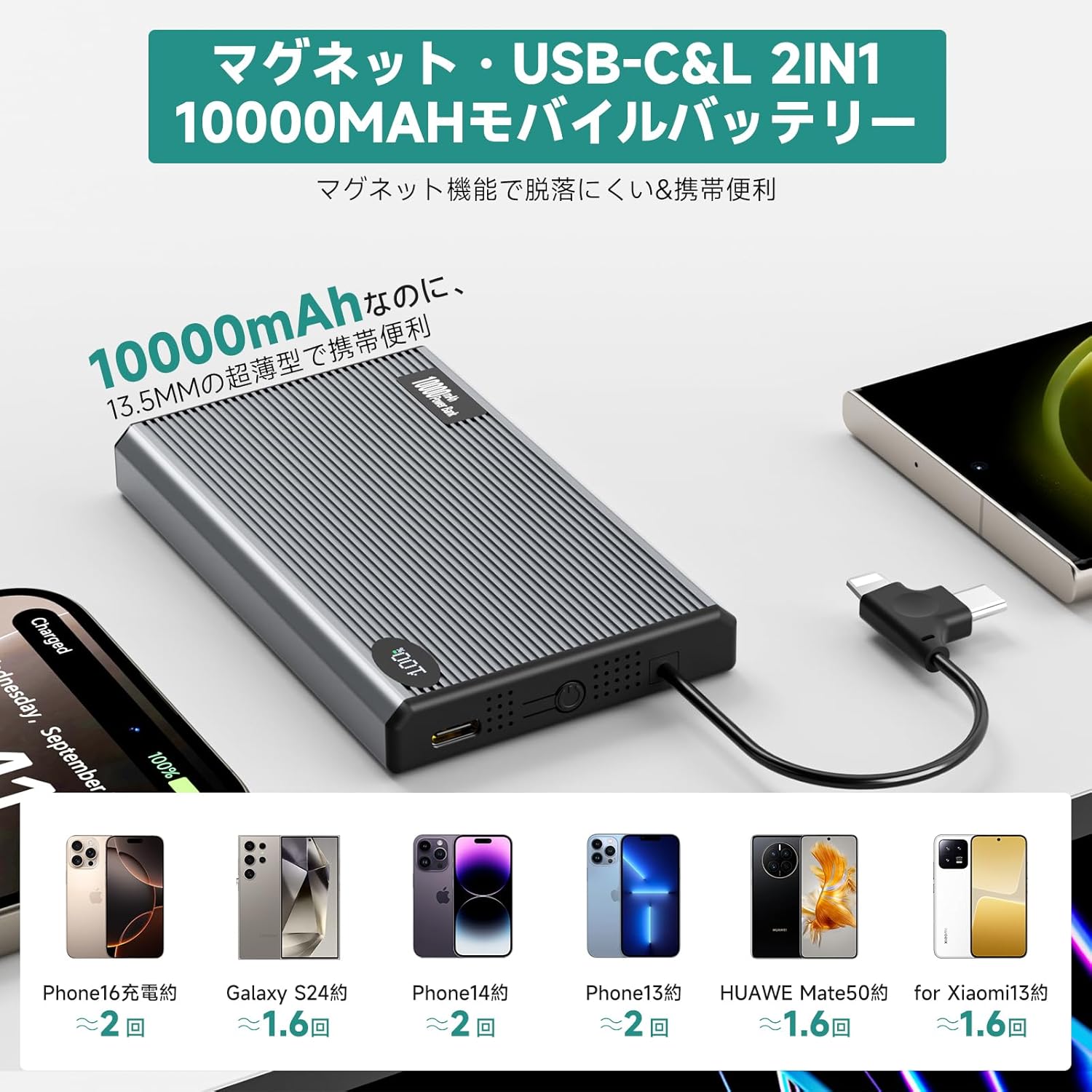 モバイルバッテリー マグネット 10000mAh パワーバンク USB-C Type-Lケーブル付き 磁気吸着 最大22.5W..