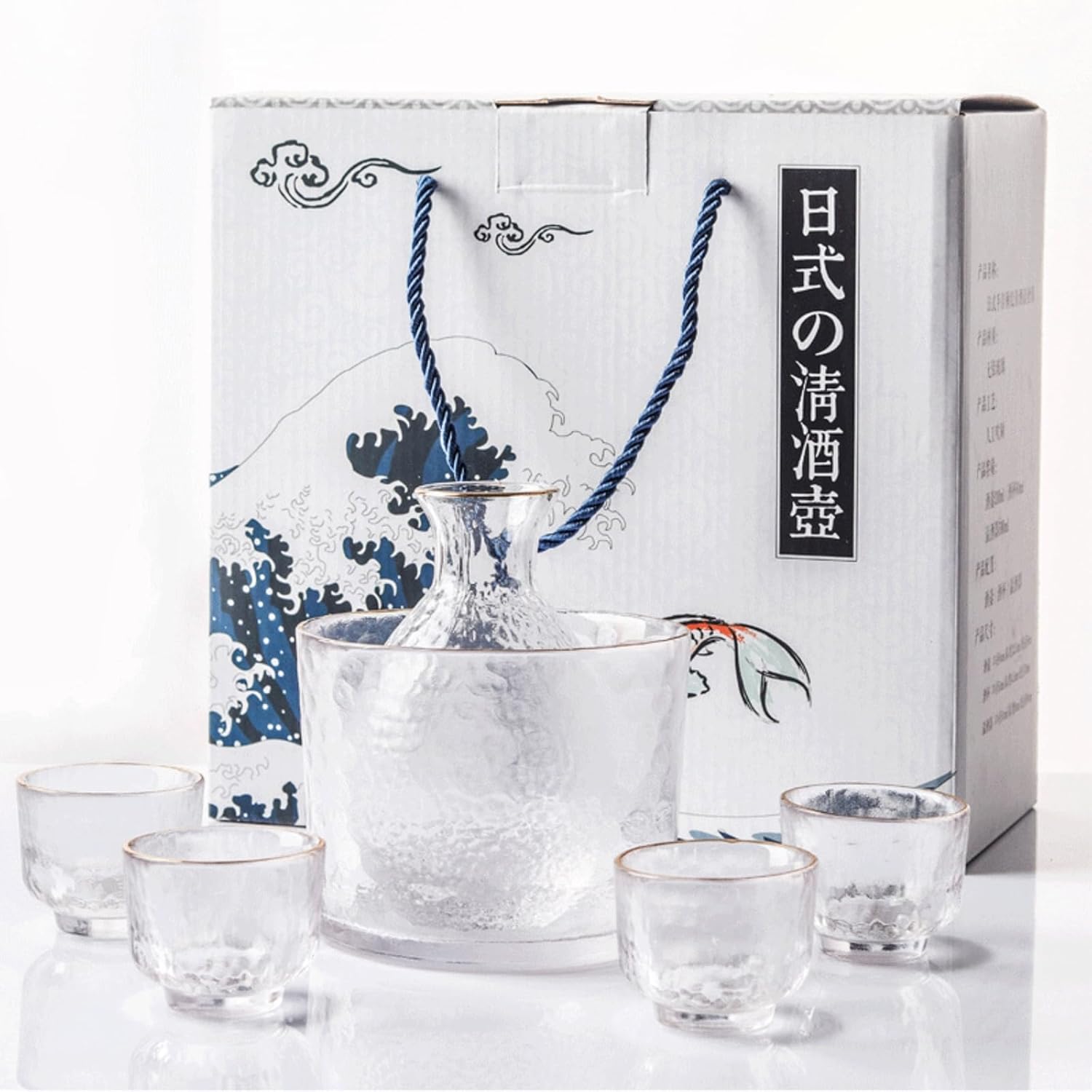 【6点セット】冷酒器セット 酒器 日本酒 ガラス 槌紋模様 燗器 冷酒 温酒両用 日本酒 グラス 贈り物 ギ..