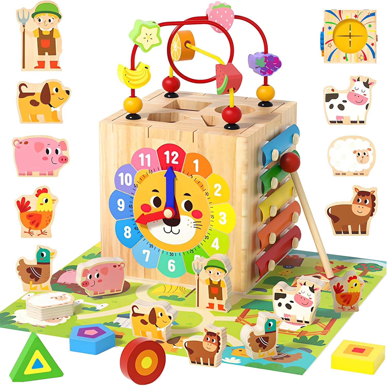 モンテッソーリ知育玩具 木製パズルボックス 型はめ 形合わせ おもちゃ 子供農場動物認知 音楽啓蒙の叩き琴 男の子 女の子 早期開発 形状認識,細かい運動,知育時計 誕生日 入園お祝い プレゼント 贈り物 【2025新品登場】