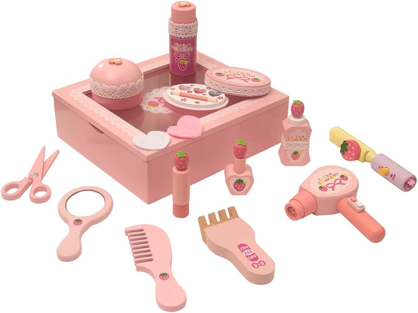 木製メイクアップおもちゃセット、【2025新品登場】メイクおもちゃ 女の子用メイクアップキット、ロールプレイ、ごっこ遊びサロンおもちゃ、ハローガールズ用