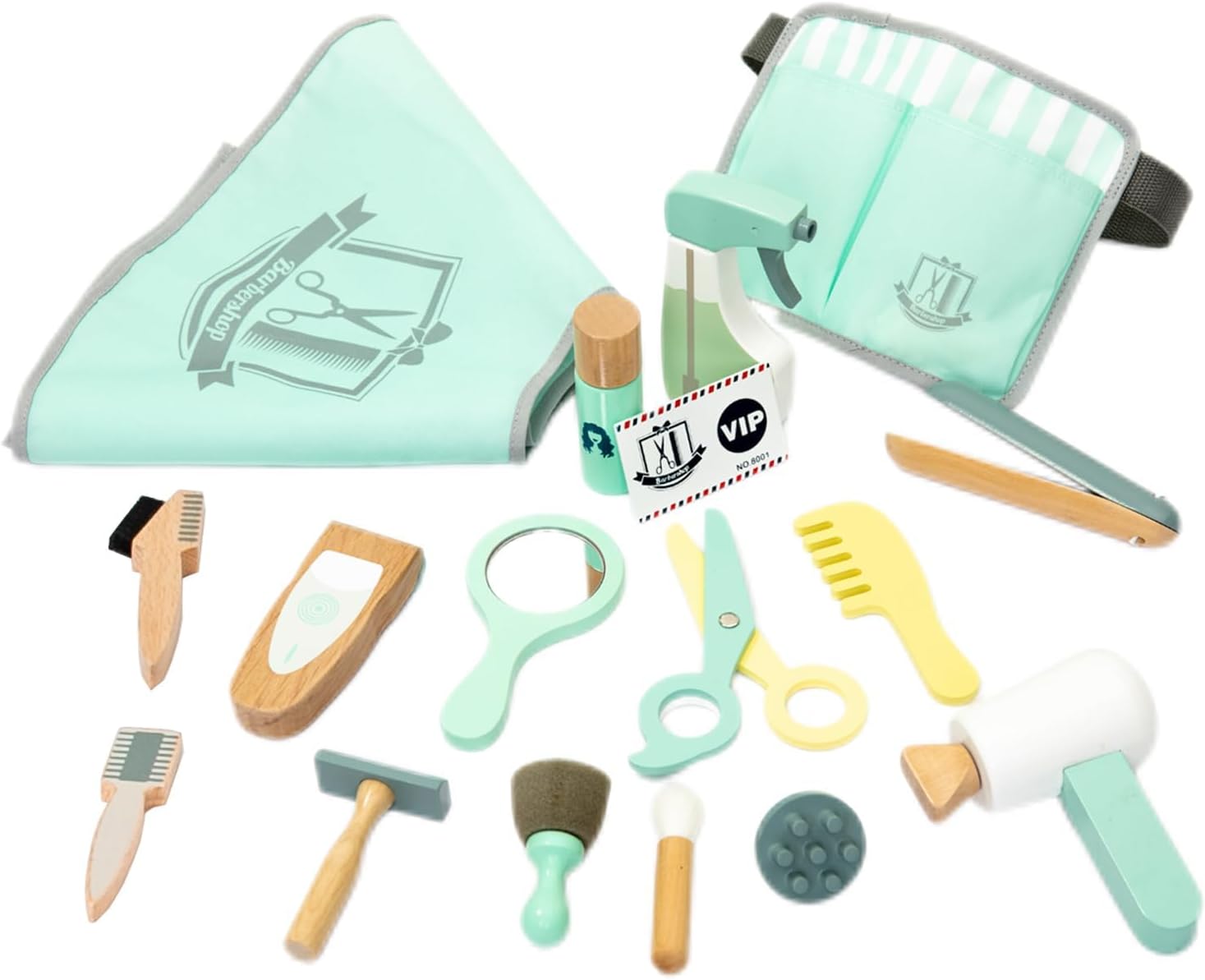 18 点充実の美容師おもちゃセット——木製のヘアドライヤー、ヘアドレッシング用水やし器、ヘアクリッパー、パーマバー、ひげ泡、ハサミ、カミソリ、鏡、コンブ、スポンジブラシ、ヘアブラシ、染毛剤ブラシ、ヘアドレッシングナイフ、散髪ケープ、ベルトバ...