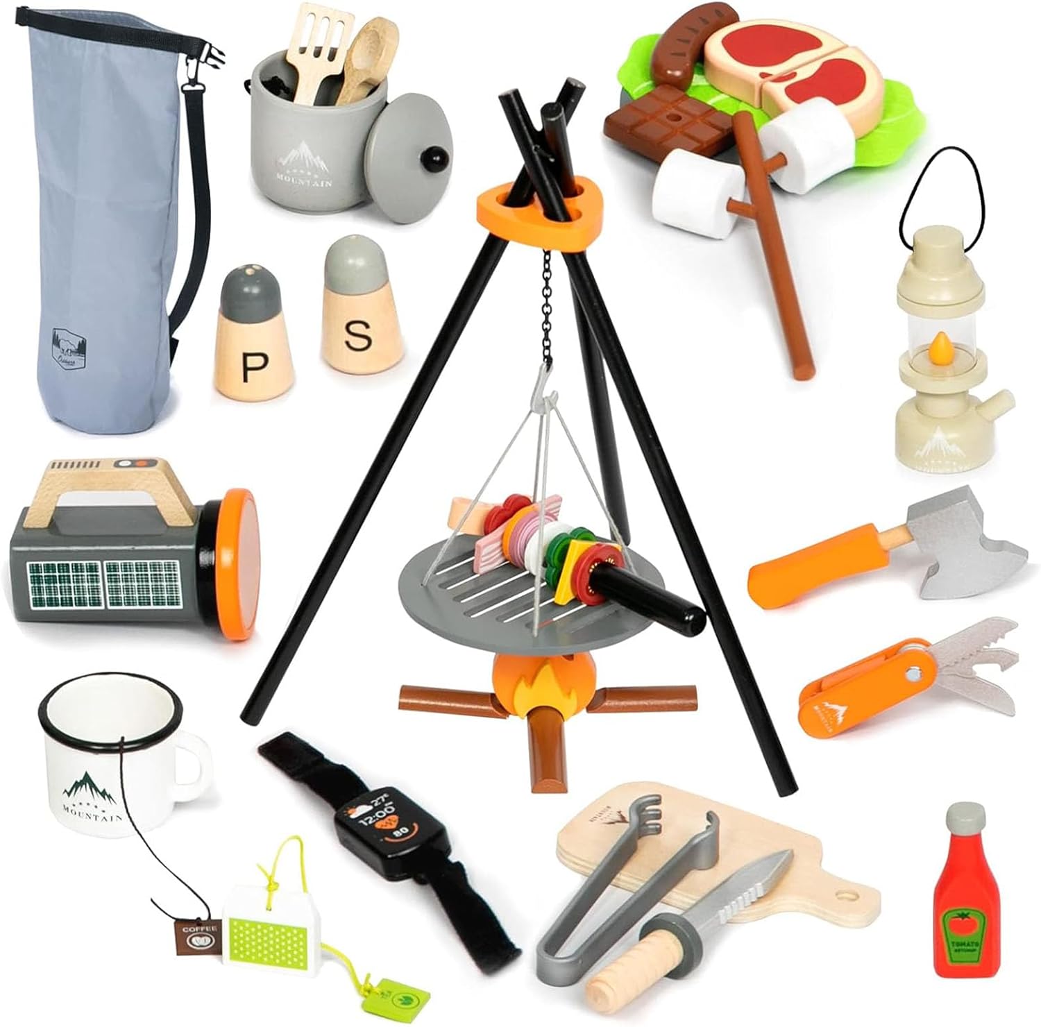 キャンプファイヤーおもちゃ ごっこ遊び キャンプゲーム おままごとセット バーベキューおもちゃセット 木製 3歳 男の子 45点セット お出かけ 知育玩具 食玩 食品サンプル モンテッソーリ おままごとキッチン 贈り物