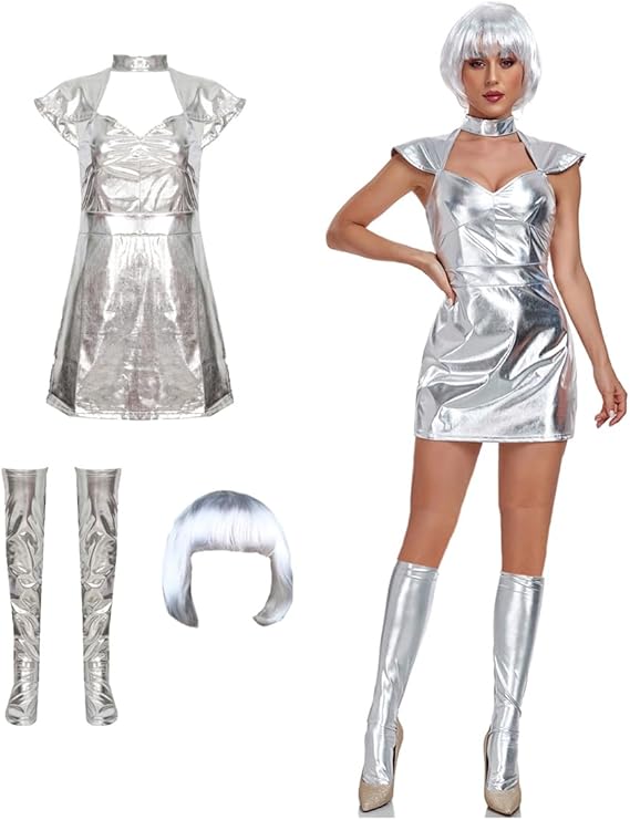 ハロウィン 宇宙人 演出服 大人用 コスプレ衣装 女性 ドレス セクシー 銀色の制服 ロボット 変装 かつ..