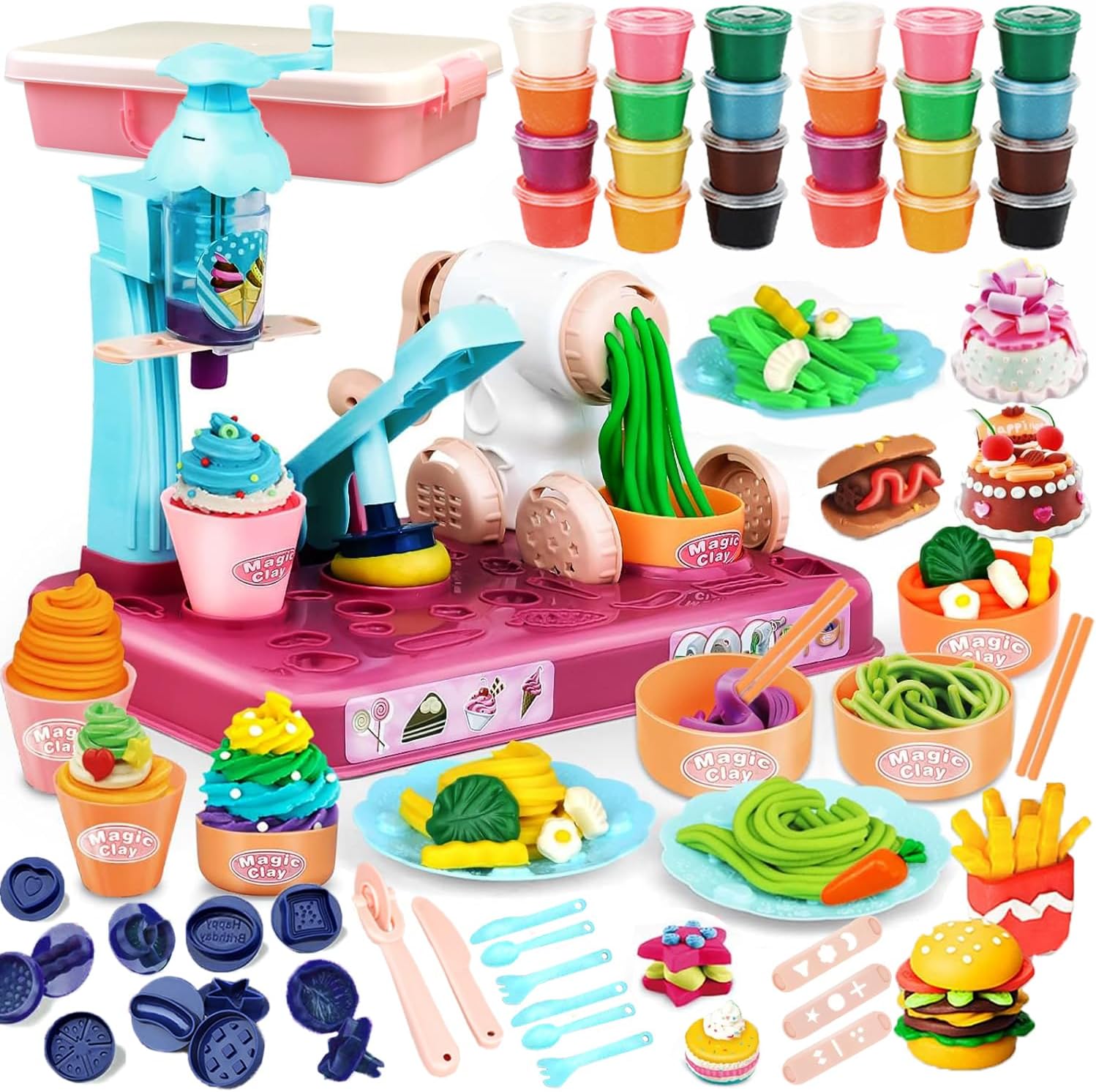 粘土 ねんど おもちゃ 3IN1 小麦粘土 24個入り 71点豪華セット 麺類・アイスクリーム・ビスケット・おままごと 誕生日クリスマスプレゼント 収納ケース付き 【2025新品登場】