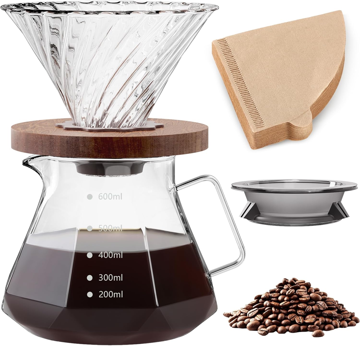 コーヒーサーバー 耐熱ガラス 木製ホルダー コーヒードリッパー 600ml 目盛付き 2~4人用 コーヒー ドリップ 器具 電子レンジ可 V60 ドリッパー ハンドドリップコーヒーサーバー コーヒードリップセット コーヒーカラフェセット 喫茶店 カフェ