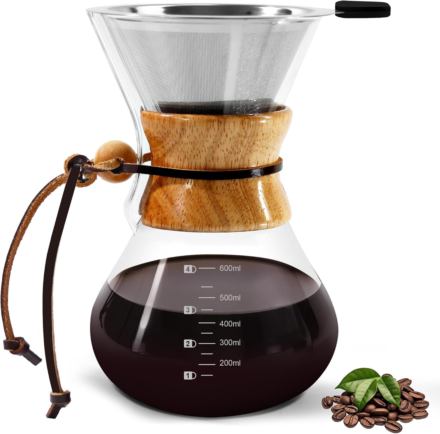 ドリップコーヒーサーバー 耐熱ガラス コーヒードリッパー ステンレスフィルター 2層メッシュ 繰り返し使用可能な コーヒー ドリップセット 電子レンジ可 600ml 目盛付き 2~4人用 ハンドドリップコーヒーサーバー セット カフェ