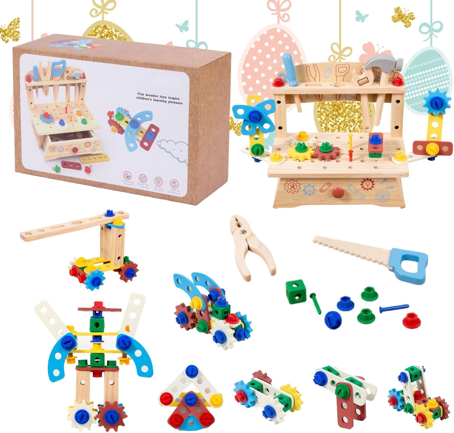 大工さんキット モンテッソーリ 玩具 工具 大工 おもちゃさんセット 木のおもちゃ 幼児用工具セット - 幼児向けプレイツールベンチキット ナット付き | 知育玩具 学習 幼稚園 男女共用 家庭学習 教室 誕生日 旅行 裏庭 プレイルーム贈り物【2025新品登場】