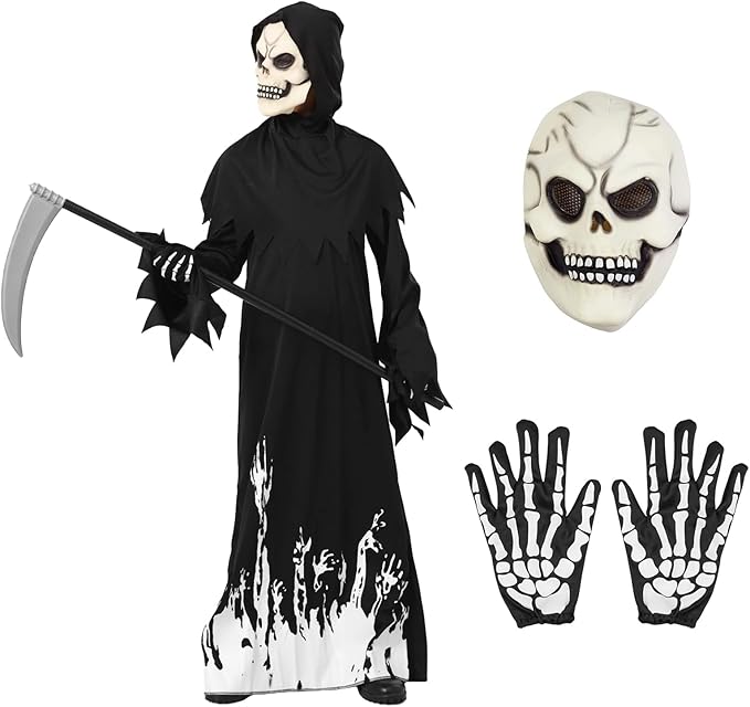 死神 コスプレ 子供 ハロウィン 仮装 死神 骸骨仮面 鎌付き コスチュームセット お化け 屋敷 衣装 ホラ..