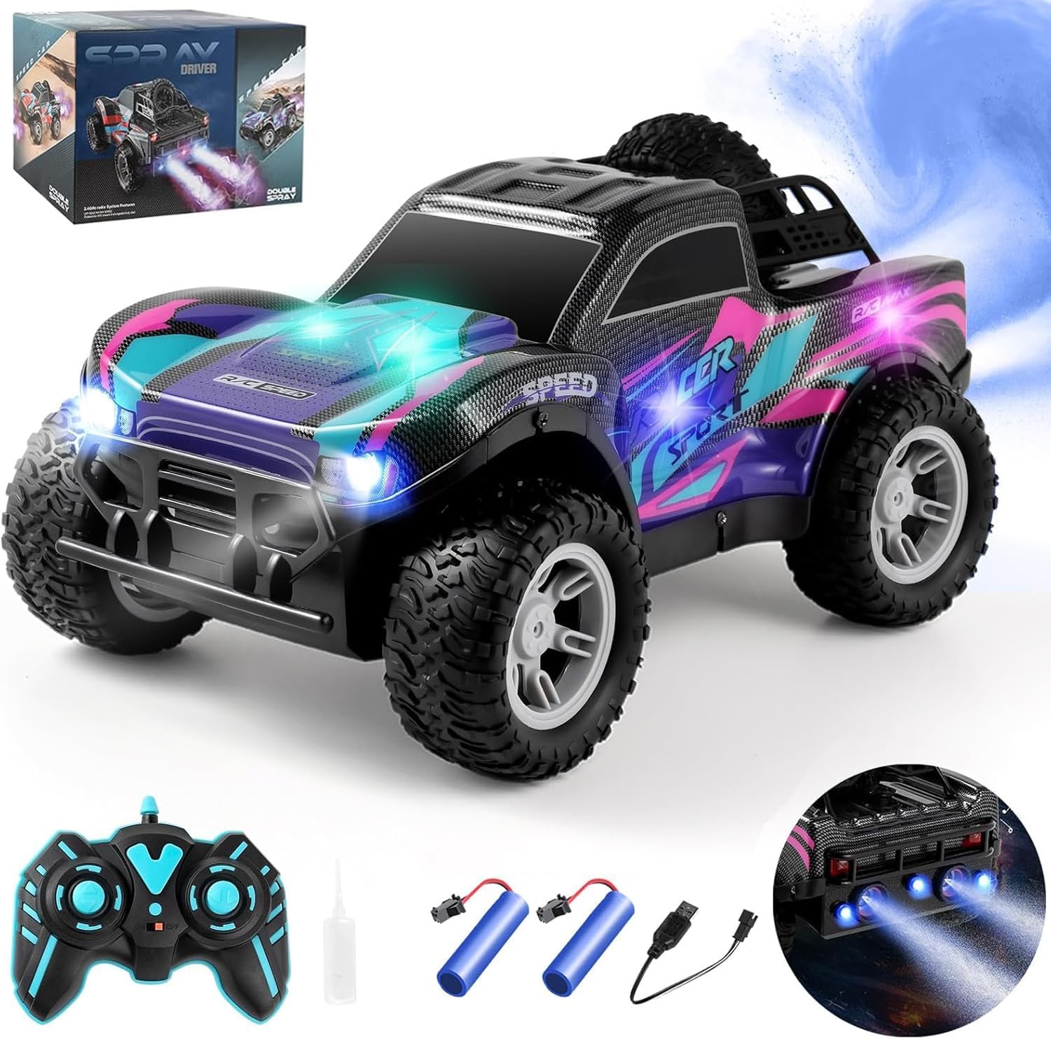 ラジコンカー こども向け 車おもちゃ オフロード ジープ RCカー スプレー 音楽 LEDライト機能 操作時間70分 2.4GHz 屋内外 リモコンカー 誕生日 プレゼント 子供 女の子 男の子 小学生 中学生 プレゼント 贈り物