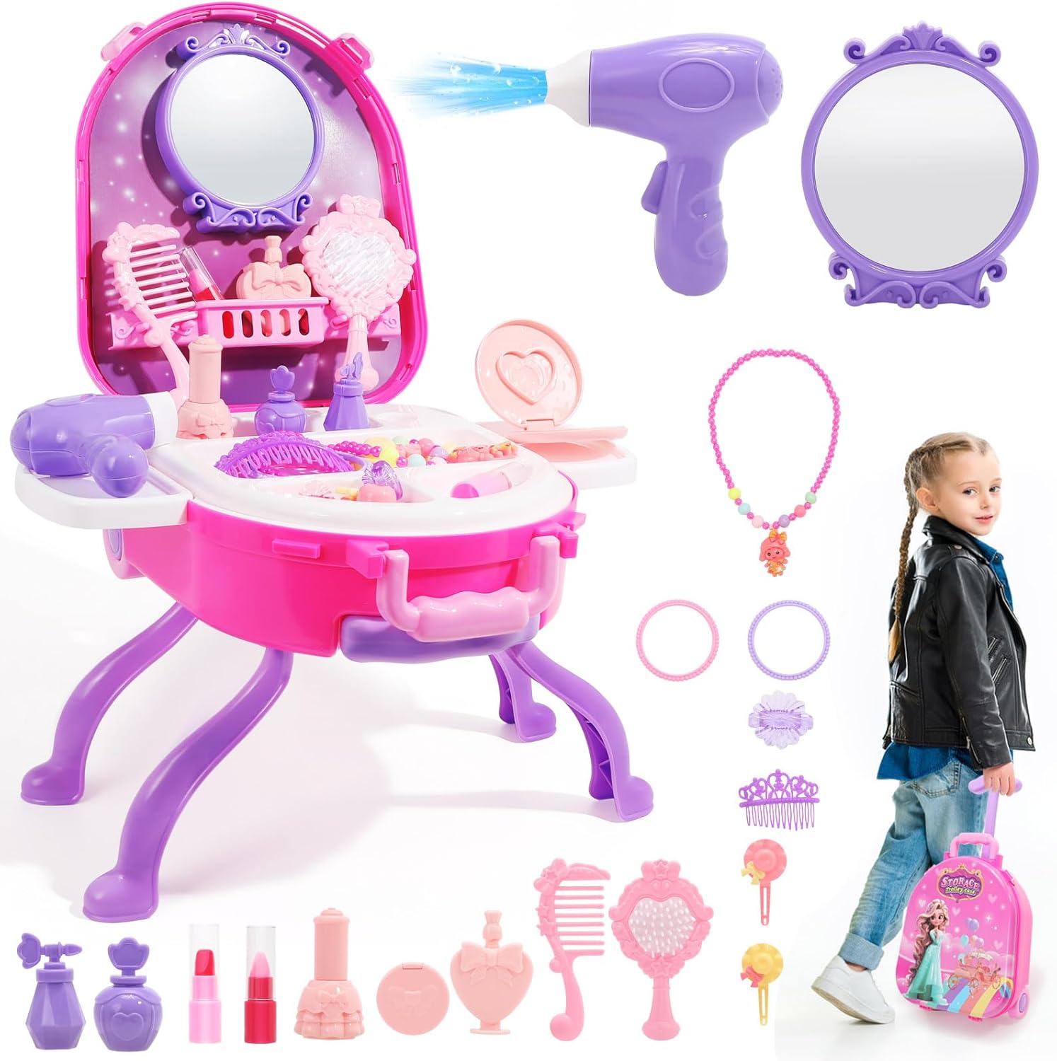 女の子用化粧台おもちゃセット - ファッションアクセサリー付き幼児用化粧台おもちゃ 40 個、子供用ごっこ遊び、女の子への誕生日、クリスマス、お祭りのプレゼントに最適