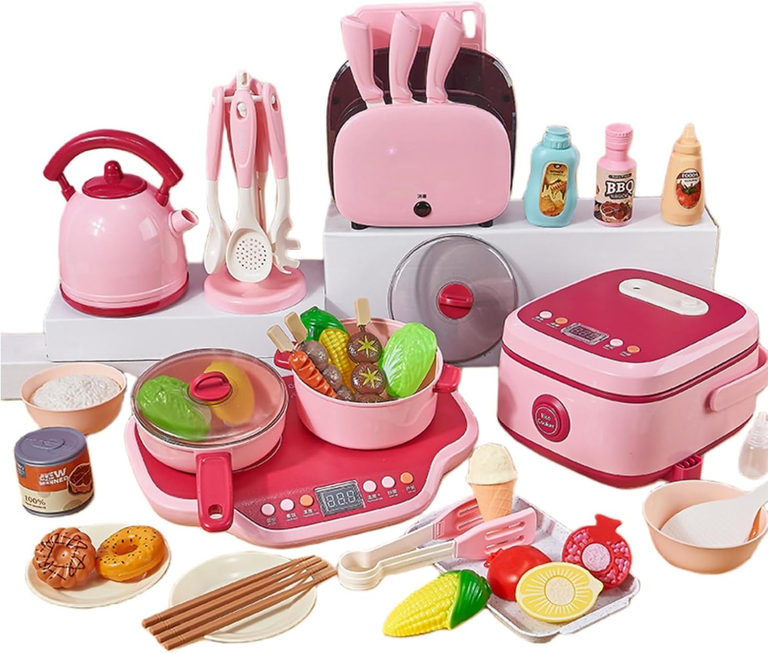 子供用キッチンおもちゃセット、蒸気機能付き模擬炊飯器、ごっこ遊び、本物の調理体験、3～8歳の男の子と女の子に最適、親子インタラクティブおもちゃ、ヘラ、食器、模擬食品を含む