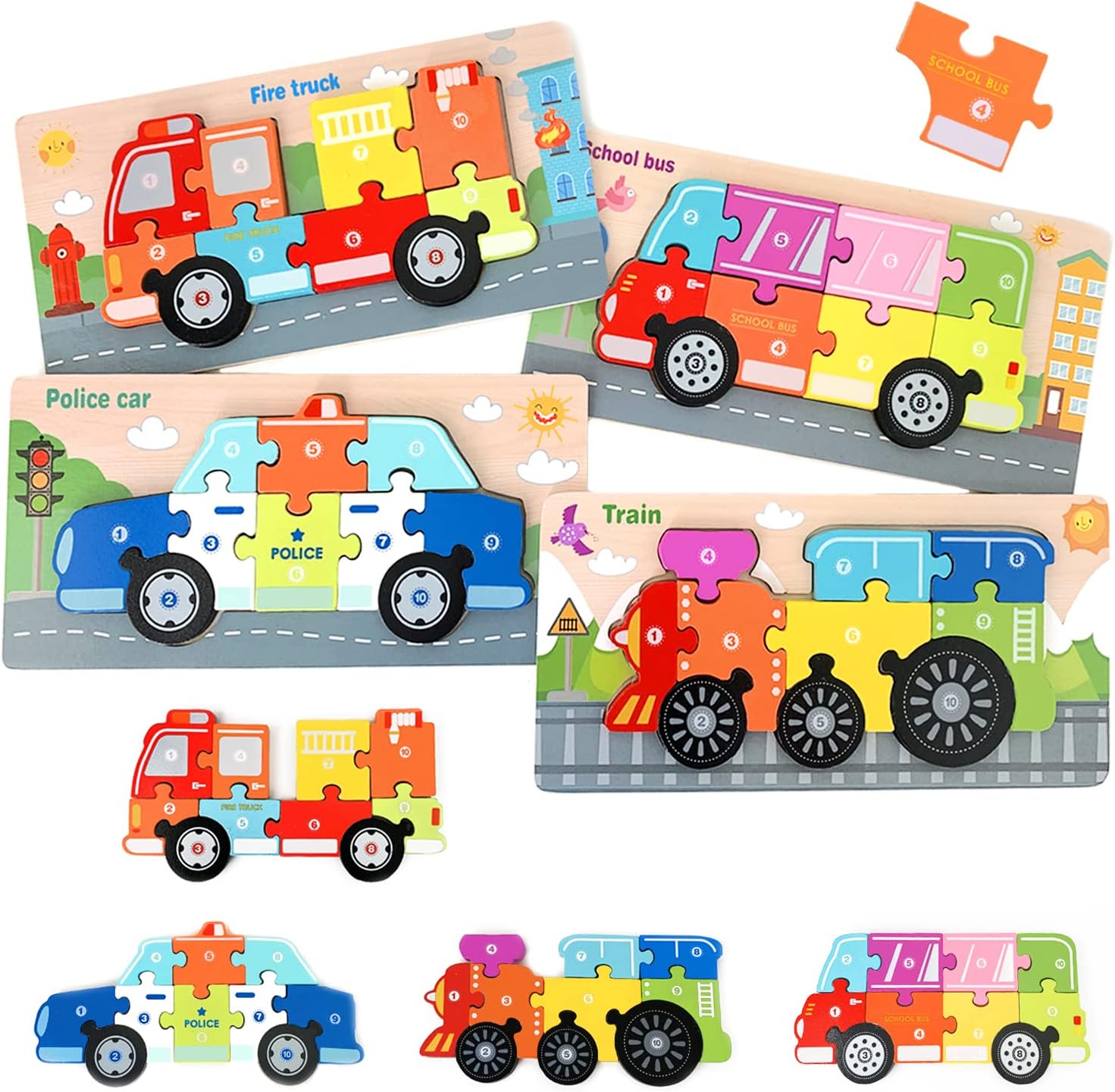 木製パズル 型はめパズル 形合わせ はめ込み 平面タイプ パズル 消防車 パトカー 乗り物系 ジグソーパズル 4PCS 木製おもちゃ クリスマス プレゼント