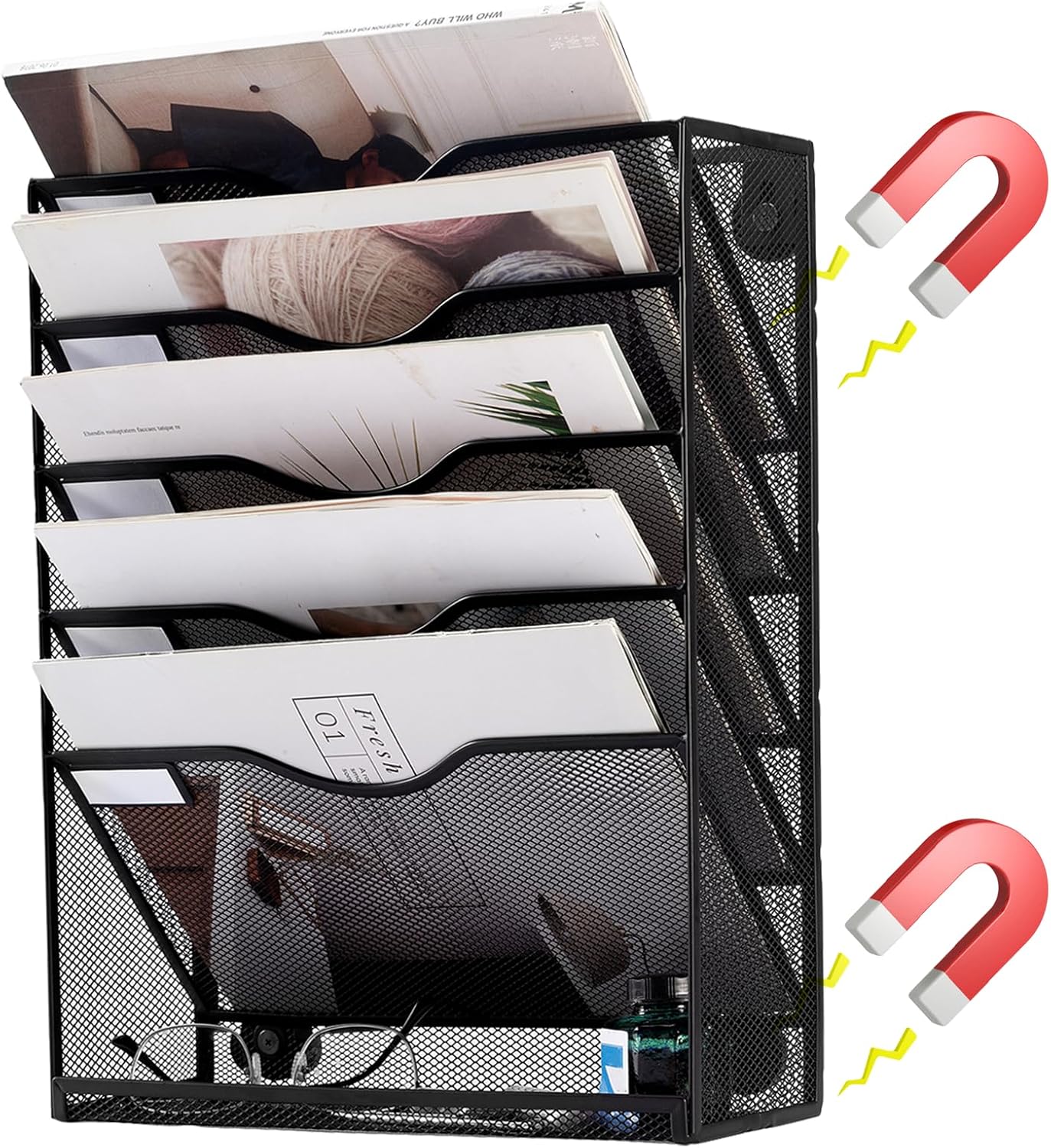 【最新昇級版】マグネット式 ファイルラック 6段 壁掛けファイルラック 卓上収納ラック 書類トレー 壁掛け書類ラック 組み立て不要 多機能 新聞 雑誌 A4ファイル 書類入れ 書類整理 大容量 40.6x31.7x11cm (ブラック)
