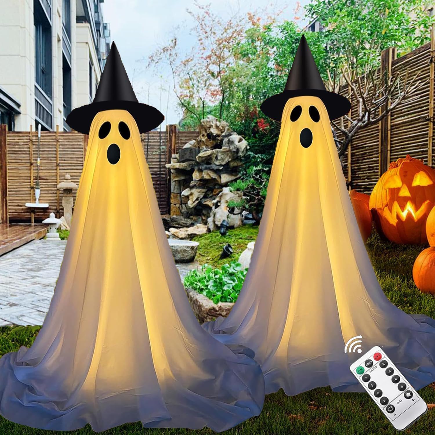 ハロウィン 装飾 屋外 飾り 【2個セット】 お化け 電飾 ゴースト ライト リモコン付き 自動点滅 簡単組み立て 三脚スタンド 145cm 高さ調節可能 大型 庭 門柱 ベランダ ホームパーティー DIY 室内 屋外 ガーデン 店舗飾り