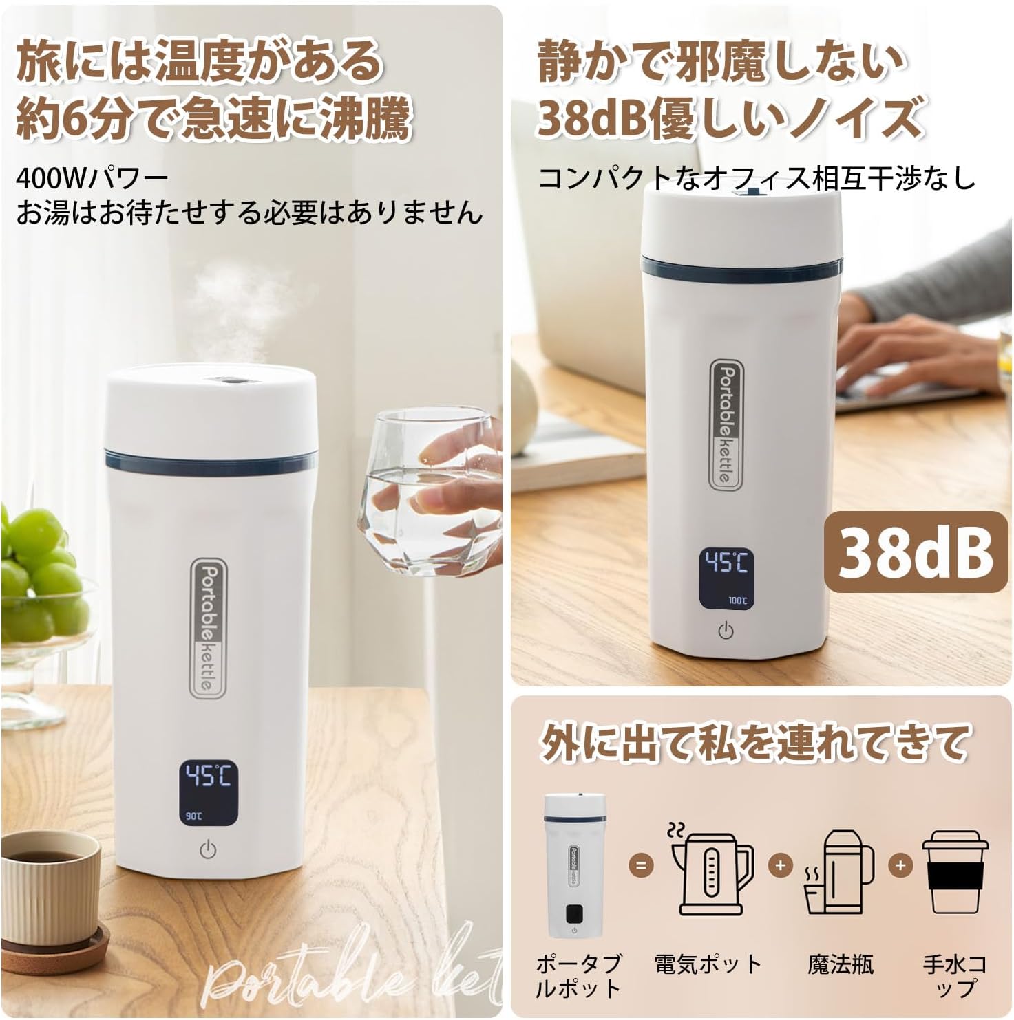 電気ケトル「45℃~100℃の6階段温度調節」電気ケトル 水筒型ケトル 6分沸騰 550ml大容量 お湯が沸かせる..