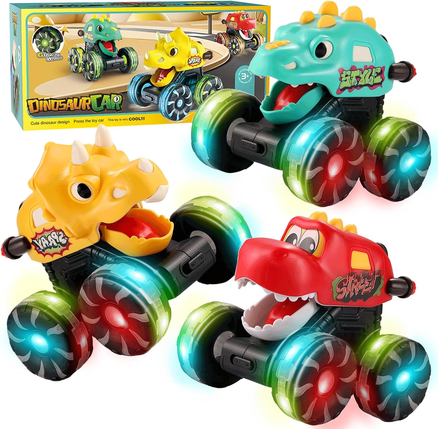 恐竜おもちゃカー 3個セット｜プルバック式モンスタートラック｜光るLEDライト付き｜誕生日・クリスマスプレゼントに｜男の子向け