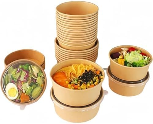 100個使い捨て弁当箱ペーパーボウル クラフト紙ボウル包装箱食品グレード環境にやさしい分解性ラウンド..