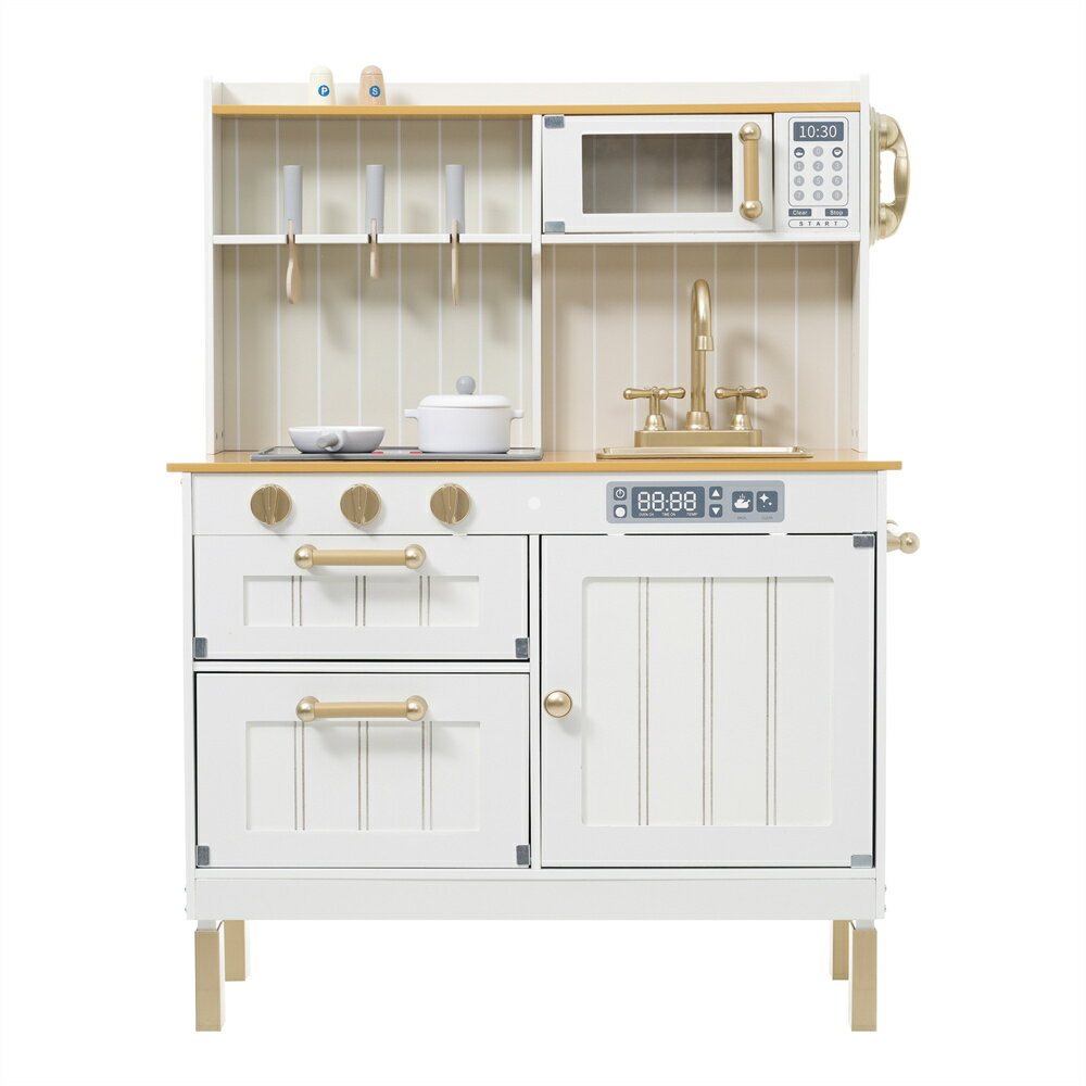 おままごと キッチン ヨーロピアンシェフ風 10点付属品 木製 台所 食材 卵 魚 トマト 調理器具付き 調味料 知育玩具 コンロ 電子レンジ 家事 おもちゃ