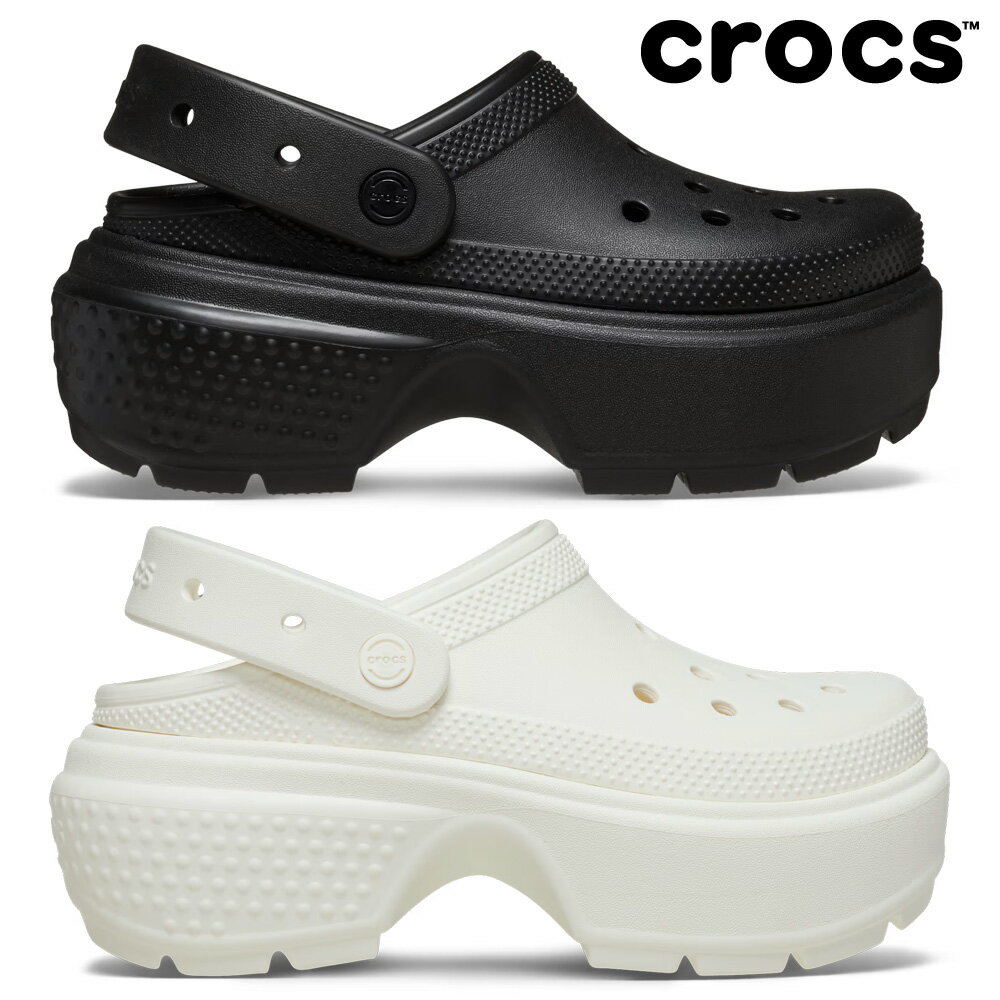 クロックス crocs ストンプ クロッグ STOMP CLOG 209347 001_ブラック(Black) 0WV_チョーク(Chalk) 大胆なチャンキーソールで存在感あふれるステップを。ストンプ コレクションは、スタイリッシュにパワーアップした大胆なソールデザインが特徴。チャンキーソールは、圧倒的な存在感はもちろん、軽くて快適な履き心地を提供します。大胆なスタイルをさらに際立たせるダイナミックシルエットに、パーソナライズの魅力を全部詰め込んだストンプ コレクションが、コーディネートをさらに印象的にパワーアップ。 ・軽量構造 ・滑りにくい構造のタフなチャンキーソール ・可動式バックストラップ ・アッパーはモールド構成の｢クロスライト｣フォーム構造 ・ジビッツ チャームでオリジナルの1足にカスタマイズ可能 ・アイコニックコンフォート：軽い。柔らかい。包み込むような快適さ。 ヒール高さ:約5.5cm 重量:片足約380g 素材 合成樹脂 メーカーサイトに基づいて掲載しています ※こちらの商品はラッピング等はお受けすることが出来ませんので予めご了承ください。 ※お荷物伝票の送り主が｢楽天(株)｣となる場合がございます。当店の名前ではない場合がございますので予めご了承ください。 当店では実店舗での販売、他ショッピングモールでのネット販売もおこなっており、在庫を共有している為、在庫が常に変動しております。 その為、在庫反映までの時間差等により在庫切れが発生する場合がございます。 これにより、ご注文後でも商品をご用意できない場合がございますので予めご了承いただきますようお願い致します。 なお、店舗倉庫の都合上契約仕入先在庫を利用する場合もございます。 ※ディスプレイ画面等の環境上、ページで見た色と実際の商品の色とは多少違う場合がございます。 (BDJCAE crocs クロックス US4 US5 US6 US7 22cm 22.5cm 23cm 23.5cm 24cm 24.5cm 25cm 黒 白) #クロックス