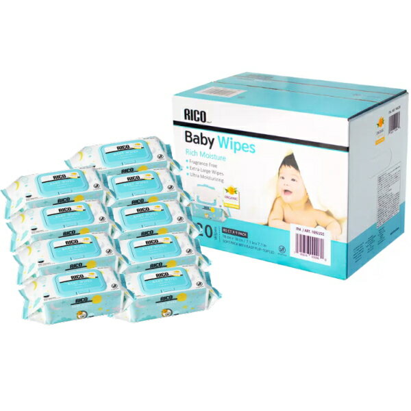 RICO 赤ちゃん用 おしりふき 大判厚手 720枚 80枚x9セット Baby Wipes 無香料 水分たっぷり フタつき 紙おむつ おむつ リコのサムネイル