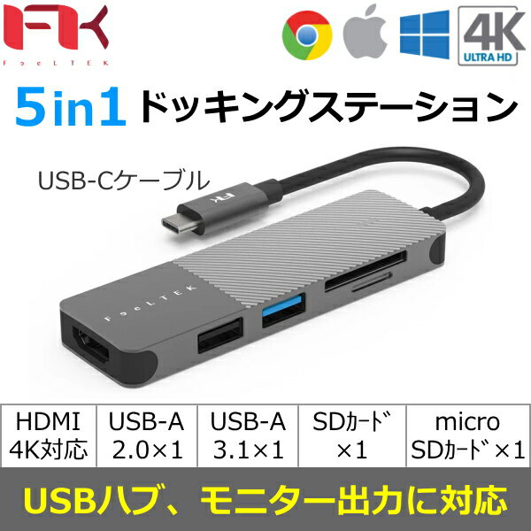 USB-C ハブ モバイルドッキングステーション USBアダプター 4K HDMI USB-A 2.0 USB-A 3.1 SDカード microSDカード 5in1 Feeltek HCM005AP2F Windows Mac iPad Android Chrome OS フィールテック USBハブ ドッキングステーション