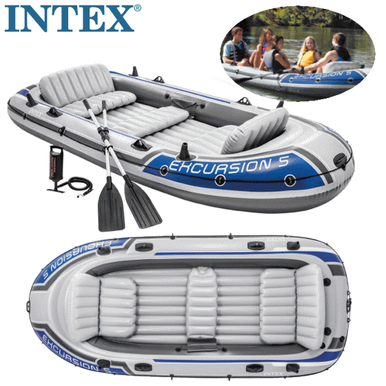 INTEX Excursion5 大人5人用 ゴムボートインテックス セット エアー式 ポンプ付き 長さ：3.66m 幅：1.68m 高さ：43cm（総重量600キロまで）オール2本 エアーポンプ付き インテックス エアー式 ポンプ付きゴムボート エクスカージョン5