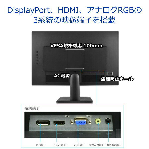 液晶ディスプレイ 21.5型ワイド液晶 グリーンハウス スピーカー内蔵 フルHD GH-LCW22L-BK ブラック ブルーライトカット GH-LCW22L 21.5インチ 21.5型 GREENHOUSE DP HDMI VGA 対応 2