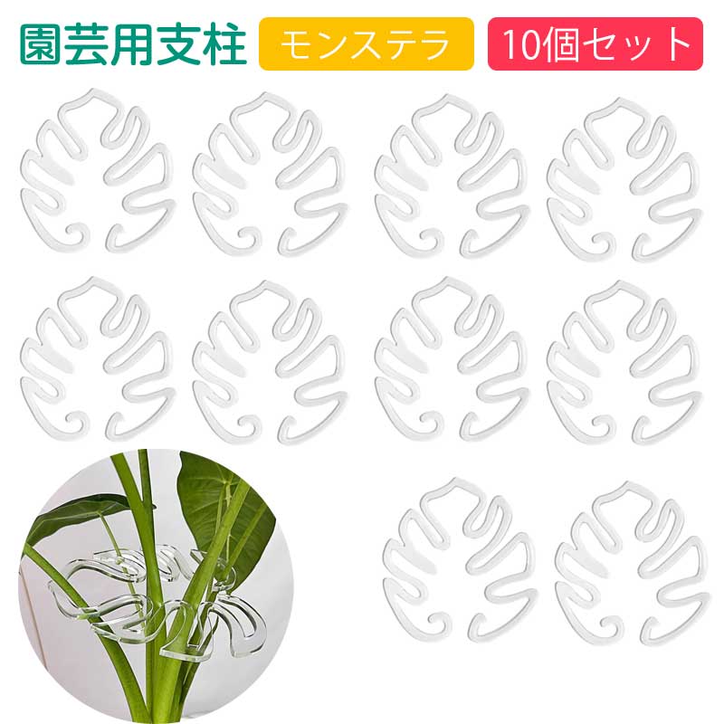 ご注意 ※ご覧いただくブラウザやモニターの機種と設定によって、実物の色が商品画像と若干異なる場合がございますので、予めご了承ください。 商品詳細 特徴 （商品概要・セット内容） モンステラ用の透明葉型茎支えクリップ 10個入りセットです。幅 13cm、高さ 14cm のサイズで、複数本の植物茎を四方から均等に支えます。モンステラ以外につる性野菜や観葉植物にも対応し、植物の曲がりや倒伏を抑えてきれいな姿を保ちます。 （素材・見た目の特長） 透明なアクリル素材を採用しているため目立ちにくく、植物本来の美しさを損ないません。屋外の雨や日光にも対応しやすい素材で、長期間繰り返し使用可能です。薄型の葉っぱデザインで室内インテリアにも自然に馴染みます。 .（構造・安定性） 四隅から茎を支える独自形状で、一本一本の茎を均等に固定できます。複数個重ねて使用すると背の高い大きな株でも揺れにくく安定性が高まります。開口部は手で簡単に調整でき、太さの違う茎にもフィットします。 （取り付け手順・簡単さ） 工具不要で手軽に取り付けられます。まず表面の保護フィルムを剥がし、開口幅を調整した後、茎を順番に差し込み位置を整えるだけで完了。力を入れずに着脱でき、株の成長に合わせて位置を移動しやすい設計です。 （使用メリット・活用シーン） 室内鉢植え、水耕栽培、庭で育てる観葉・野菜両方に活用できます。使用前は茎が垂れ下がりやすい状態でも、クリップで支えると葉が自然に広がります。丈夫な素材なので長く使え、買い替え頻度を抑えられ経済的です。