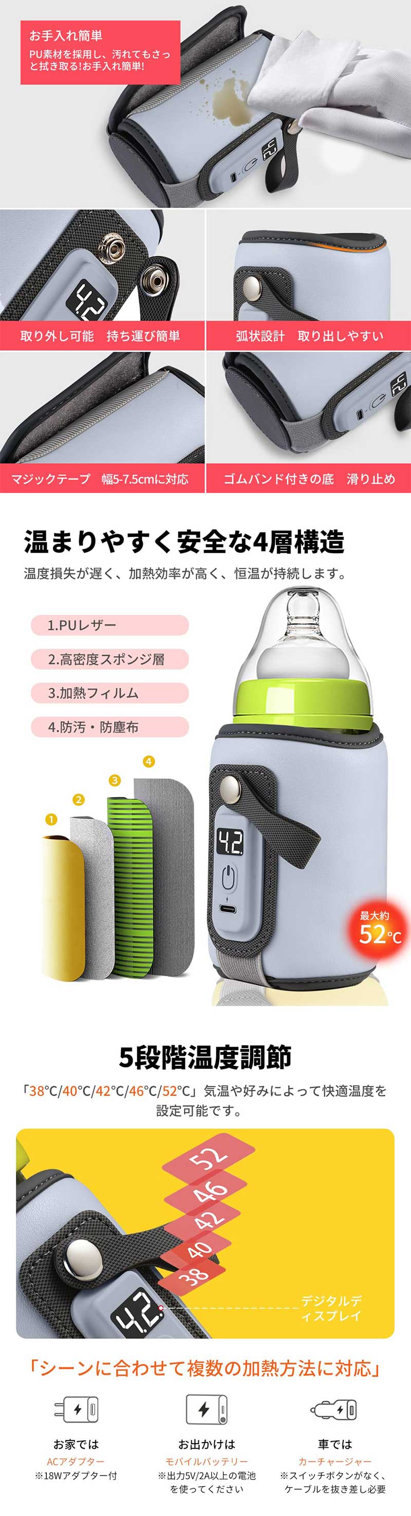 ミルクウォーマー 5段階温度調節 【 USB給電式】哺乳瓶ウォーマー 急速保温 加熱 ボトルウォーマー 持ち運び簡単 軽量 哺乳瓶カバー 温乳器 3
