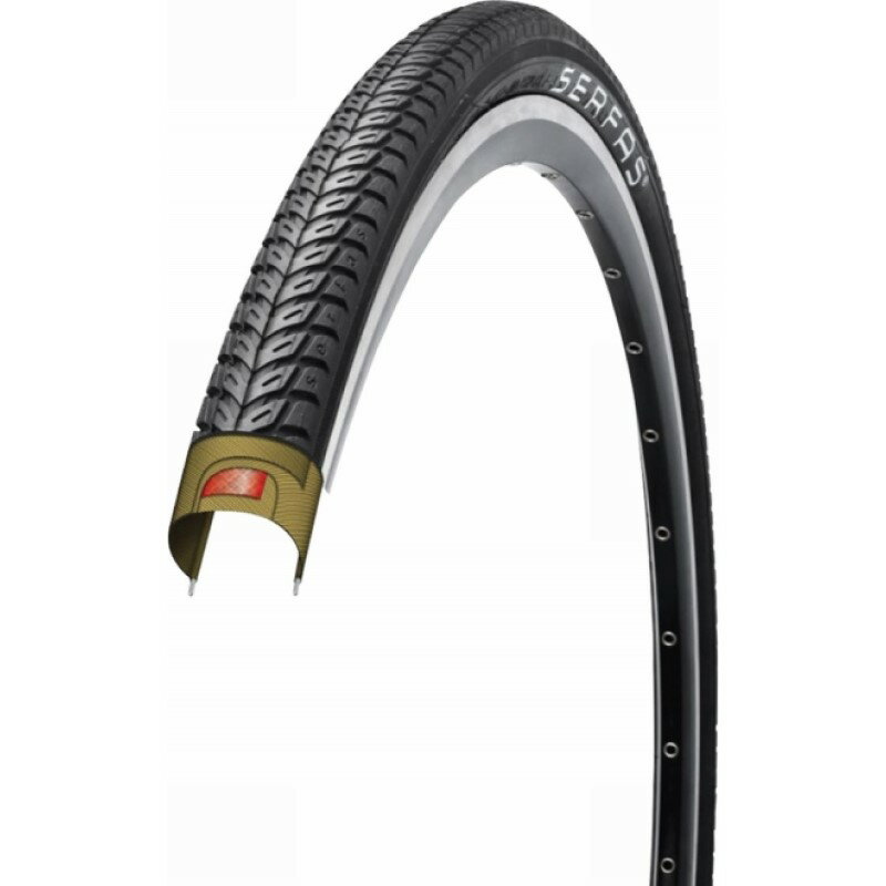 スペック■30TPI■ワイヤービート■サイズ：700×38■重量：510g特長滑りにくいシティ&ツーリングタイヤ。補修に最適なMEOシリーズ!!舗装路とダート/グラベルに対応するハイブリットトレッドデザインです。センター部分に長寿命と転がり抵抗に軽減を実現する68デュロメーター（硬さの単位)のハードコンパウンドを、サイドにはコーナリング性能を高める58デュロメーターのハイグリップコンパウンドを採用しました。在庫状況■通常2〜5日ほどで発送（土日祝除）詳しくはこちら※在庫状況は当店、メーカー在庫を含みます。また、リアルタイムでの更新ではございませんのでご了承ください。☆カテゴリー：【自転車】【パーツ＆アクセサリー】【おすすめ】【自転車用】【【メーカー純正品】【正規代理店品】サーファス(SERFAS)】【カスタム】【パーツ】【自転車部品】【ポイントキャンペーンたくさんあります！】https://item.rakuten.co.jp/trycycle/c/0000004293/