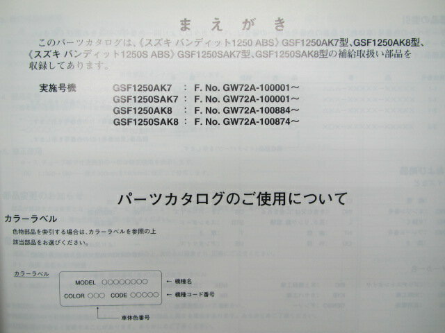 バンディット1250 パーツリスト 2版 スズキ 正規 バイク 整備書 GSF1250AK7 AK8 SAK7 SAK8 GW72A 車検 パーツカタログ 整備書 【中古】 3