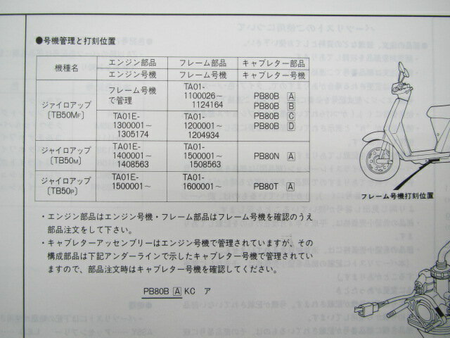 ジャイロアップ パーツリスト 4版 ホンダ 正規 バイク 整備書 TB50 M TA01-110 120 150 160 車検 パーツカタログ 整備書 【中古】 3