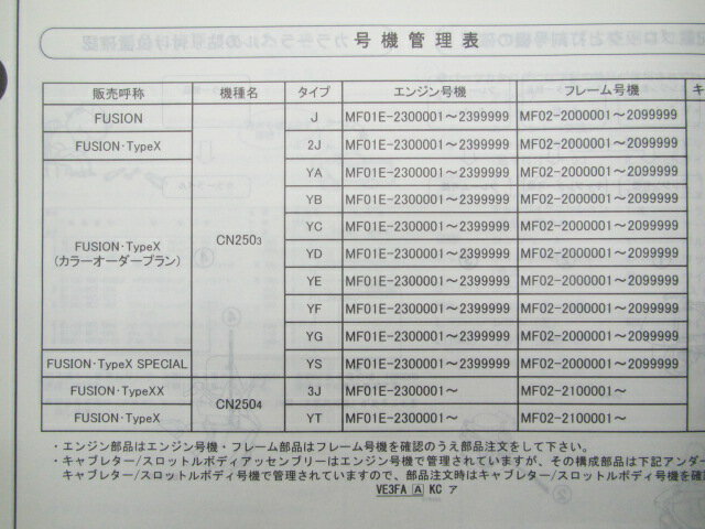 ホンダ 正規 バイク 整備書 フュージョン タイプX XX SP パーツリスト フュージョン/X/XX/SP 3版 MF02-200 210 KFR fl 車検 パーツカタログ 整備書 【中古】