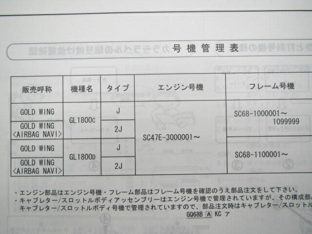 ゴールドウイング パーツリスト 2版 ホンダ 正規 バイク 整備書 SC68-100 110 GL1800 iM 車検 パーツカタログ 整備書 【中古】 3