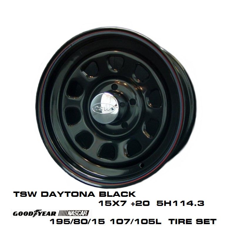 T.S.W DAYTONA BLACK  + GOODYEAR NASCAR ホワイトレター 195/80/15 107/105L スチールホイール & タイヤセット デイトナ ブラック グッドイヤー ナスカー 5穴 ティスファクトリー T's Factory